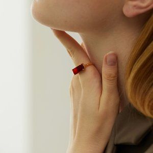 Cubic Red Natural Stone Ring 18K Gold